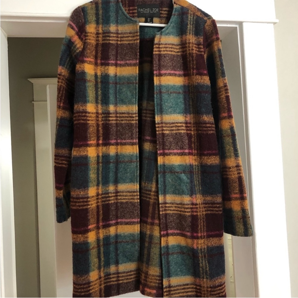 Rachel Zoe plaid autumn colors open front wool blend long peacoat jacket